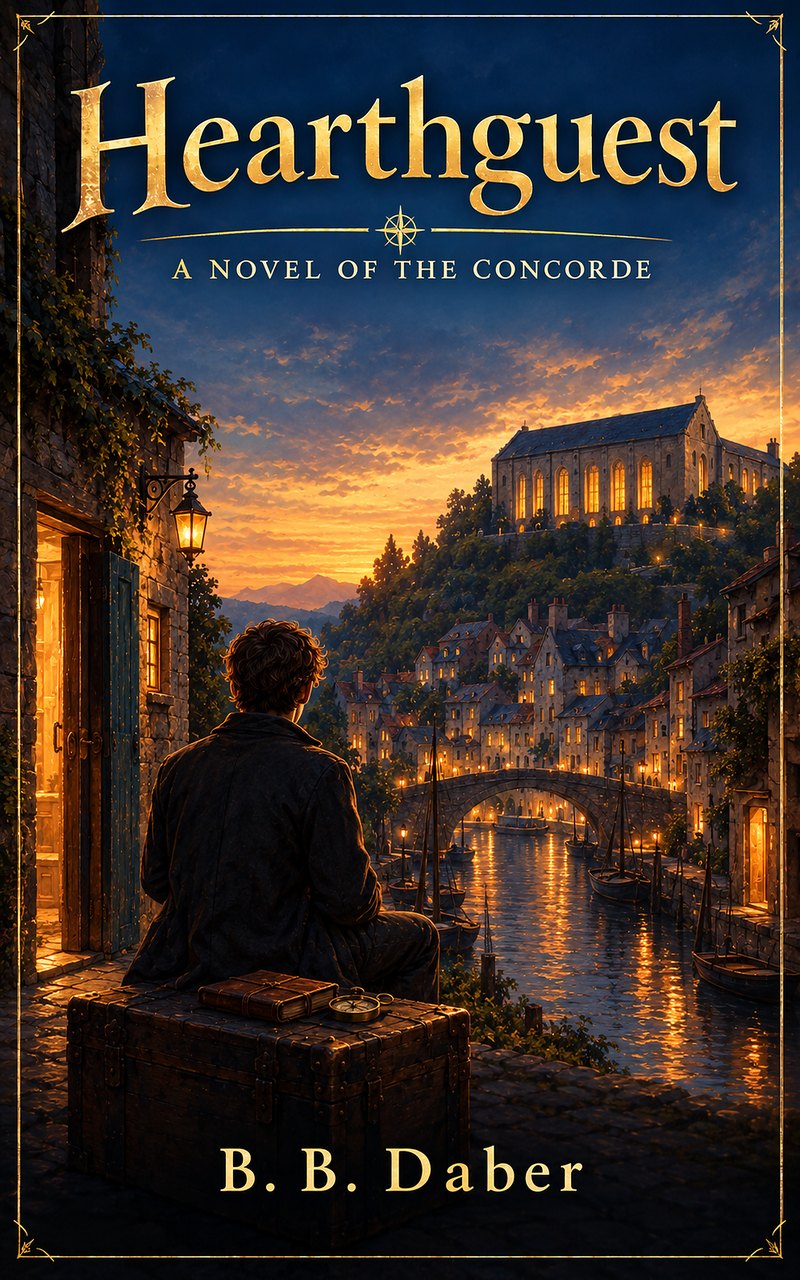 The cover of Hearthguest: a young man sits on a sea trunk at dusk, looking across a canal city to a great stone hall on a hill.